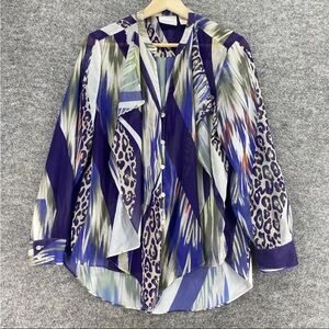 EUC Chico's Shirt Women 2 (12) Striped Button Up V-Neck Long Sleeve